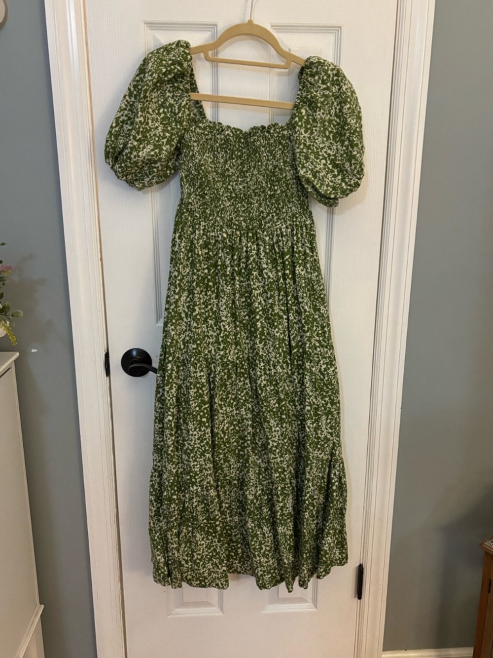 Abercrombie & Fitch Green Floral Puff-Sleeve Linen Blend Maxi Dress